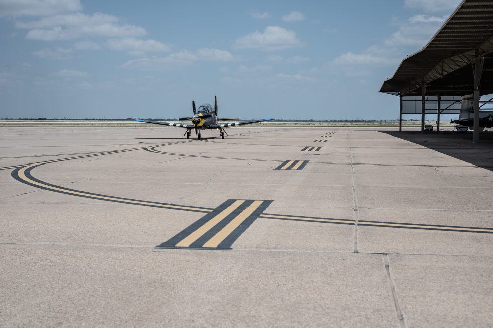 A U.S. Air Force T-6A Texan II taxis down the flightline at Laughlin Air Force Base, Texas.