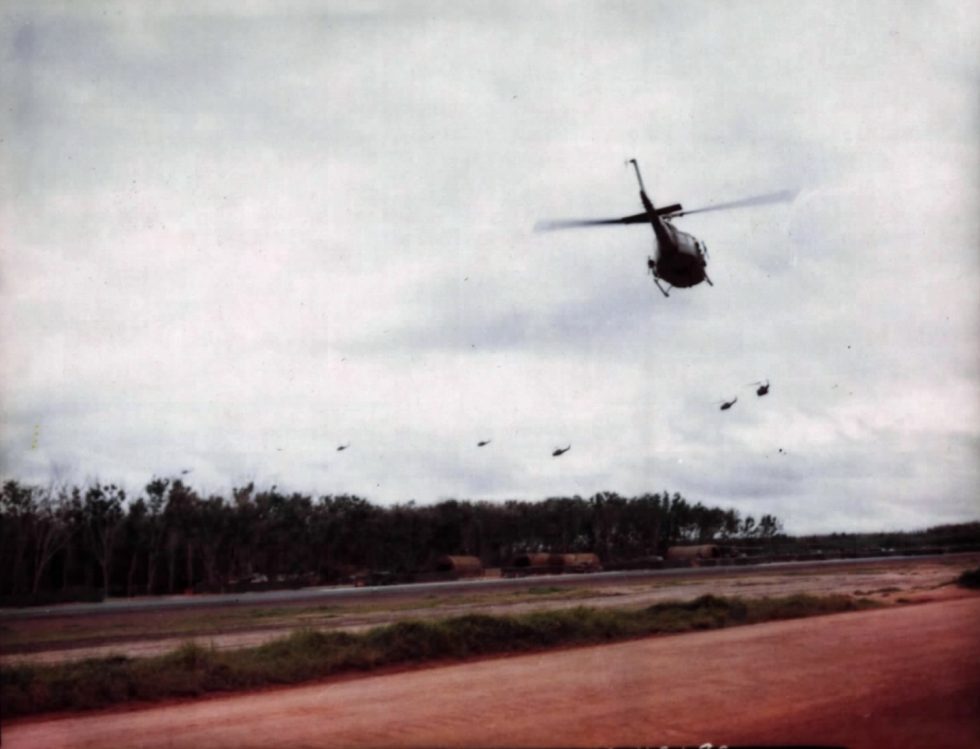 UH-1B Hueys of the 173rd Assault Helicopter Company Robin Hoods over Vietnam.