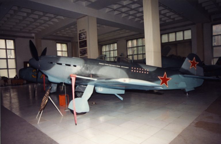 Front-quarter view of a Yakovlev Yak-9 fighter