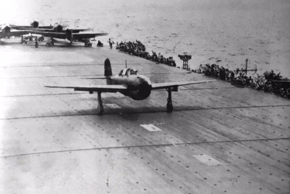A D4Y1 Suisei launches from the carrier Juny during the Battle of the Philippine Sea, June 1944.